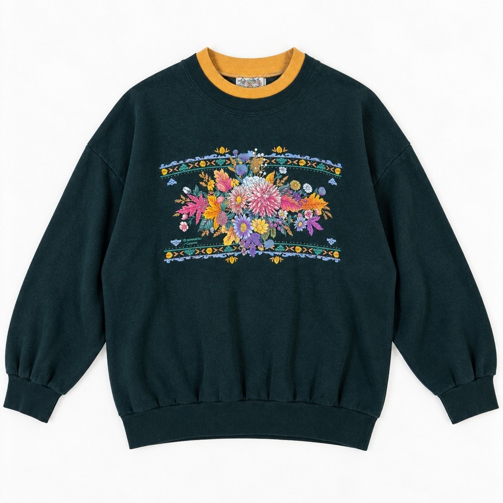 Vtg 90s Morning Sun Floral Sweatshirt Forest Green Double Collar Cottagecore 2X